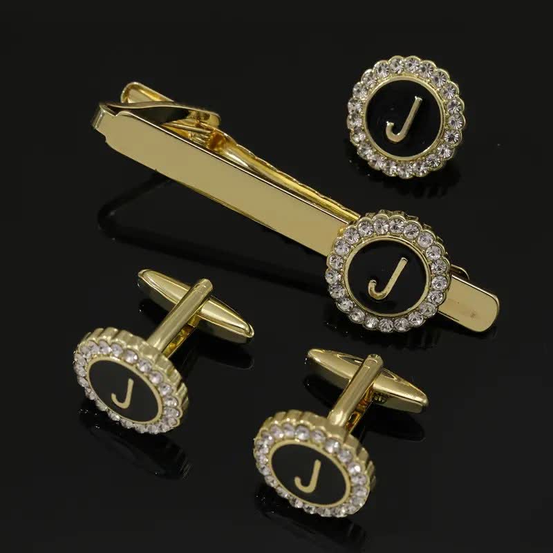Lot de 3 boutons de manchette et pince à cravate en or avec 26 lettres majuscules pour homme