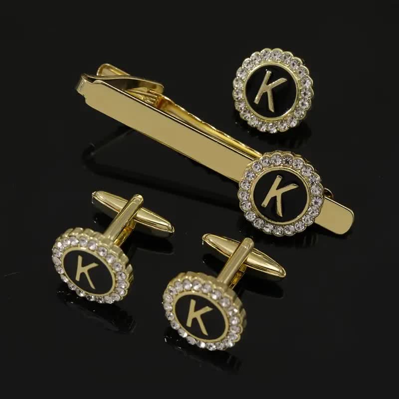 Lot de 3 boutons de manchette et pince à cravate en or avec 26 lettres majuscules pour homme