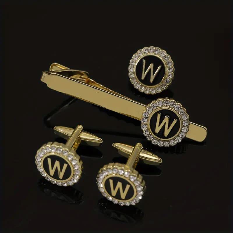 Lot de 3 boutons de manchette et pince à cravate en or avec 26 lettres majuscules pour homme - W - image 22