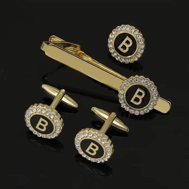 Lot de 3 boutons de manchette et pince à cravate en or avec 26 lettres majuscules pour homme