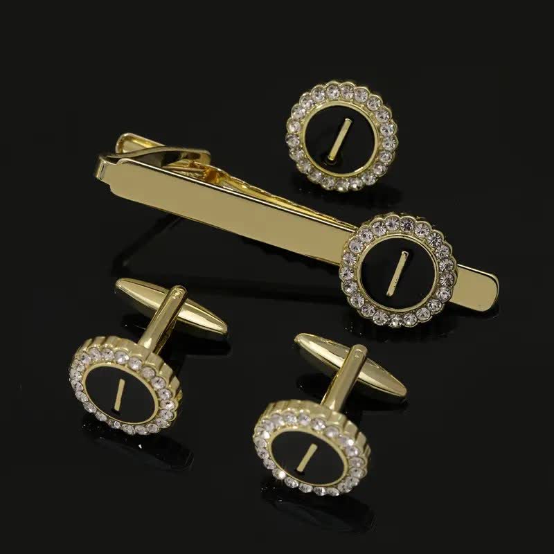 Lot de 3 boutons de manchette et pince à cravate en or avec 26 lettres majuscules pour homme