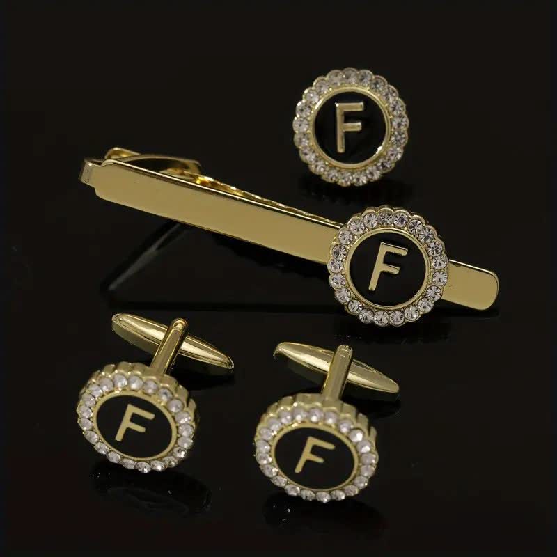 Lot de 3 boutons de manchette et pince à cravate en or avec 26 lettres majuscules pour homme