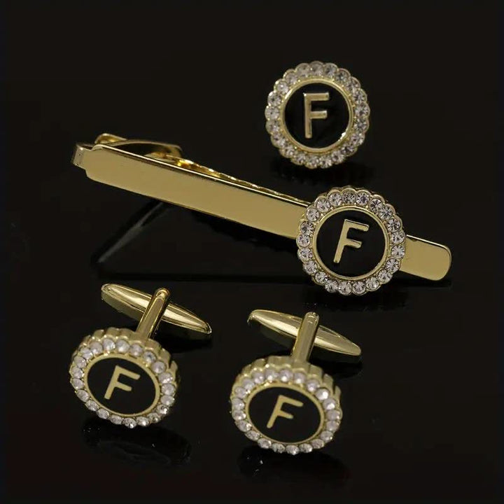 Lot de 3 boutons de manchette et pince à cravate en or avec 26 lettres majuscules pour homme