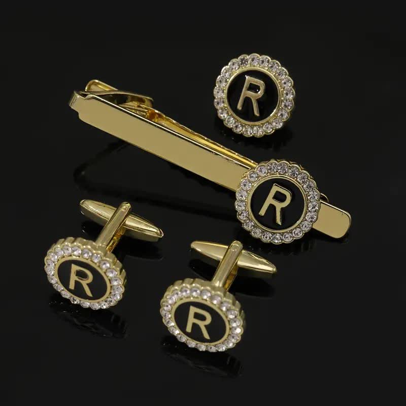 Lot de 3 boutons de manchette et pince à cravate en or avec 26 lettres majuscules pour homme