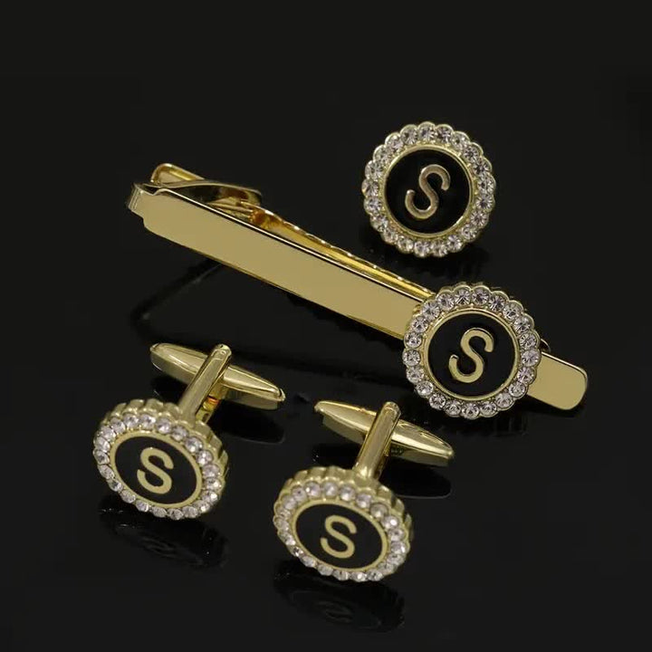 Lot de 3 boutons de manchette et pince à cravate en or avec 26 lettres majuscules pour homme