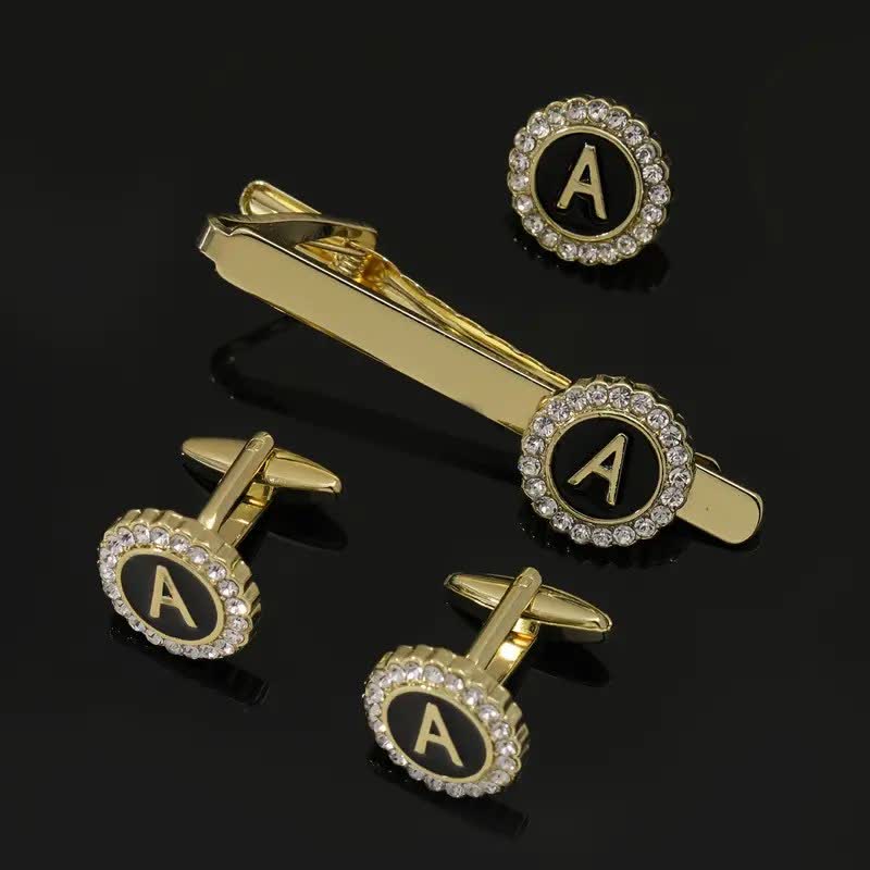 Lot de 3 boutons de manchette et pince à cravate en or avec 26 lettres majuscules pour homme - A - image 0