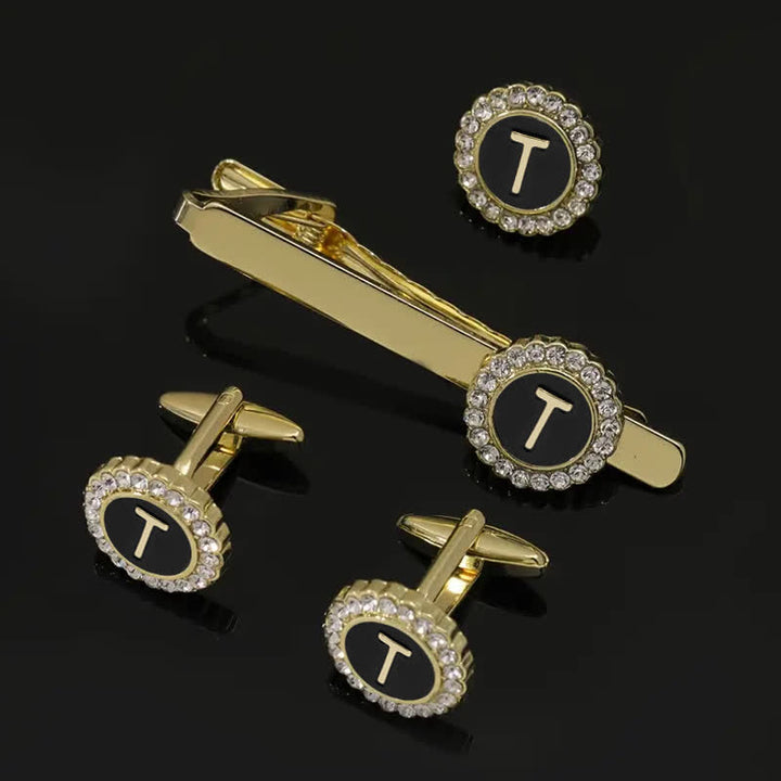 Lot de 3 boutons de manchette et pince à cravate en or avec 26 lettres majuscules pour homme