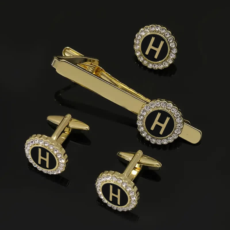 Lot de 3 boutons de manchette et pince à cravate en or avec 26 lettres majuscules pour homme