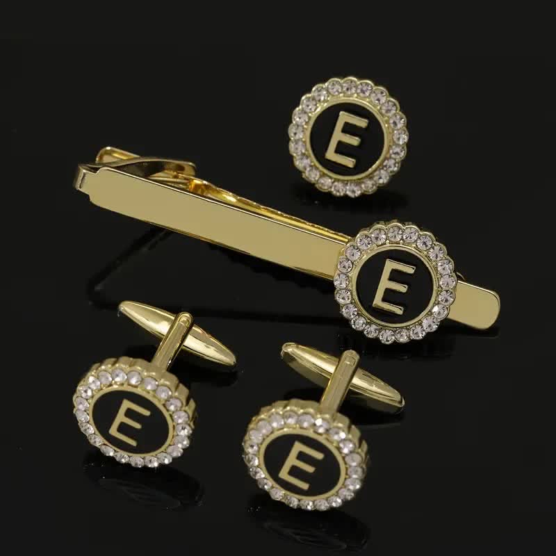 Lot de 3 boutons de manchette et pince à cravate en or avec 26 lettres majuscules pour homme - E - image 4