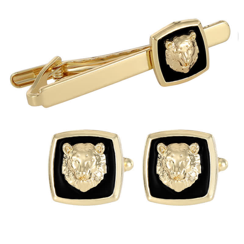 Lot de 2 boutons de manchette à pince à cravate en forme de tigre noir et doré pour homme