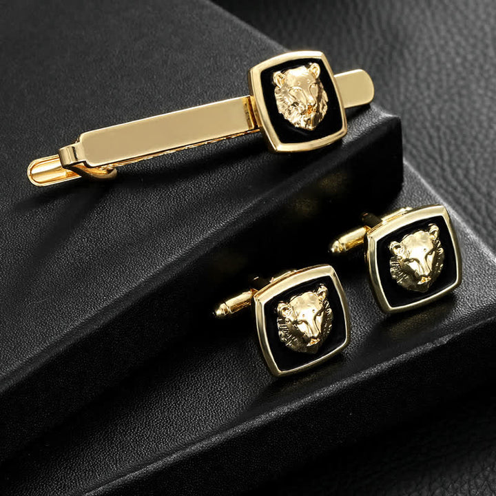 Lot de 2 boutons de manchette à pince à cravate en forme de tigre noir et doré pour homme