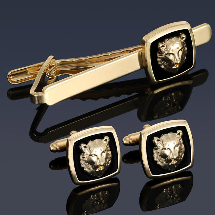 Lot de 2 boutons de manchette à pince à cravate en forme de tigre noir et doré pour homme
