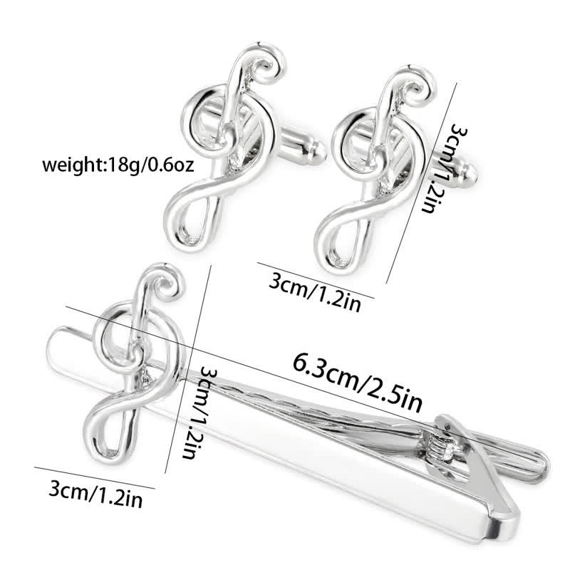 Lot de 2 boutons de manchette à pince à cravate en argent pour homme avec note de musique