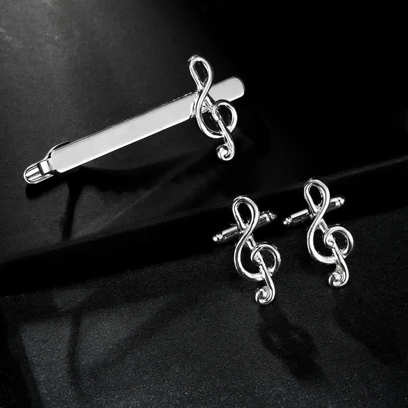Lot de 2 boutons de manchette à pince à cravate en argent pour homme avec note de musique