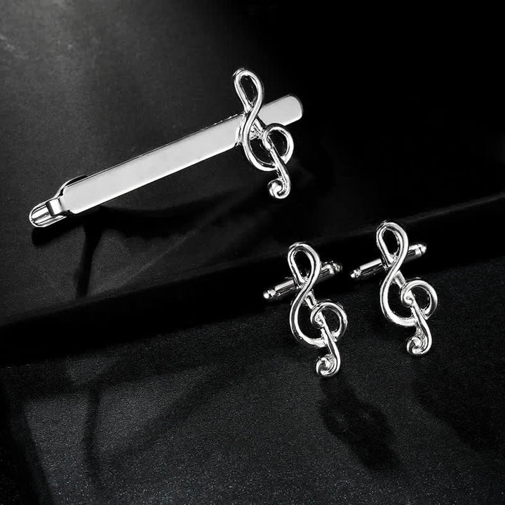 Lot de 2 boutons de manchette à pince à cravate en argent pour homme avec note de musique