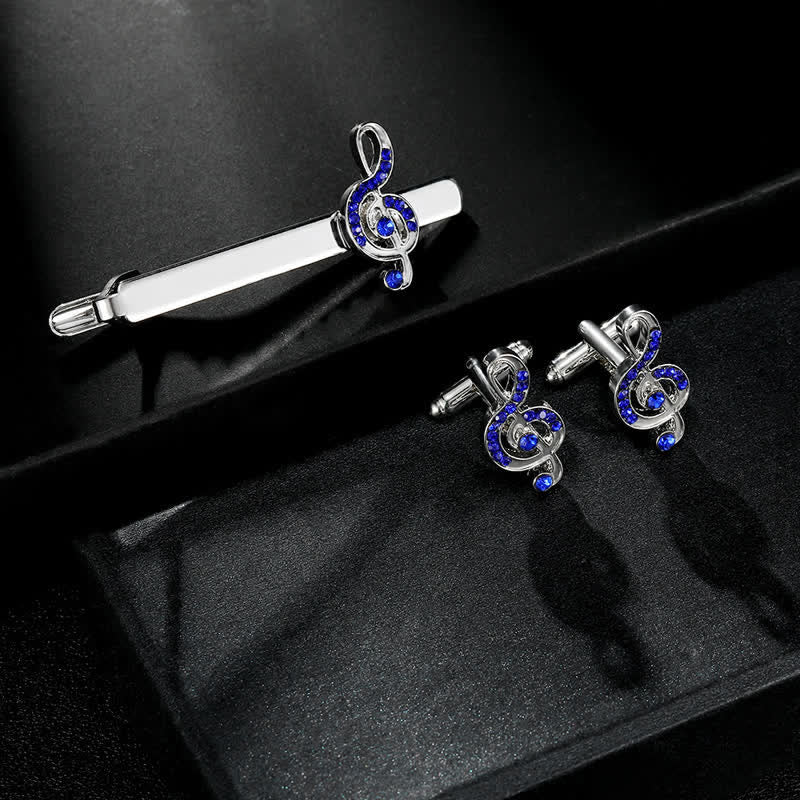 Lot de 2 boutons de manchette à pince à cravate en argent pour homme avec note de musique