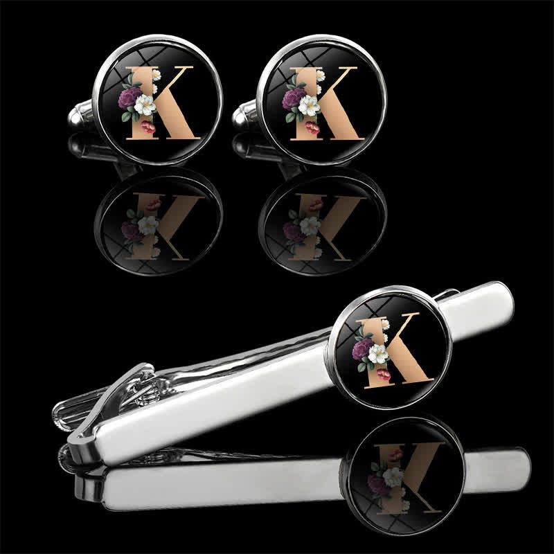 Lot de 3 boutons de manchette et broche à cravate pour homme avec 26 lettres majuscules