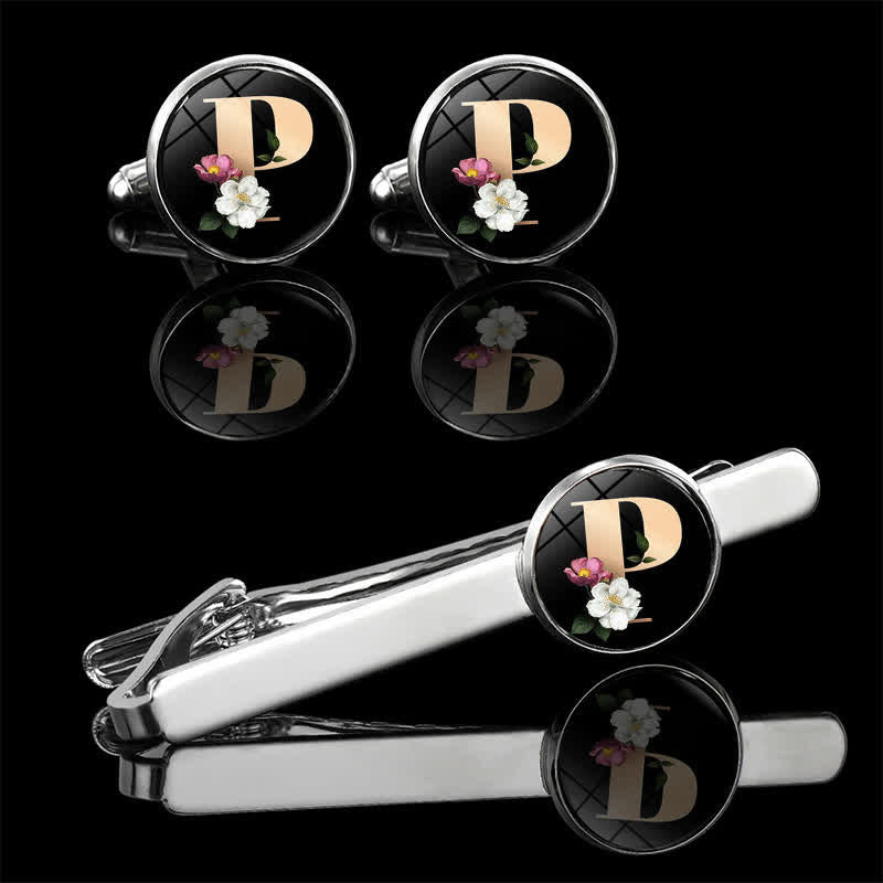 Lot de 3 boutons de manchette et broche à cravate pour homme avec 26 lettres majuscules