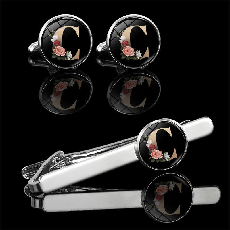 Lot de 3 boutons de manchette et broche à cravate pour homme avec 26 lettres majuscules