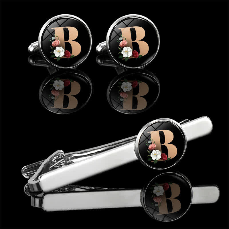 Lot de 3 boutons de manchette et broche à cravate pour homme avec 26 lettres majuscules