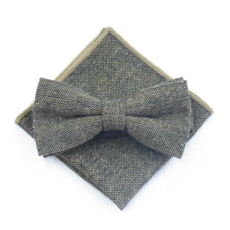 Ensemble de 3 nœuds papillon unis en imitation laine pour homme - Kaki foncé - Nœud papillon + mouchoir - image 2