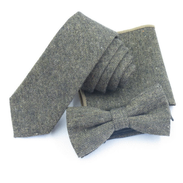 Ensemble de 3 nœuds papillon unis en imitation laine pour homme - Kaki foncé - Noeud Papillon + Cravate + Mouchoir - image 0