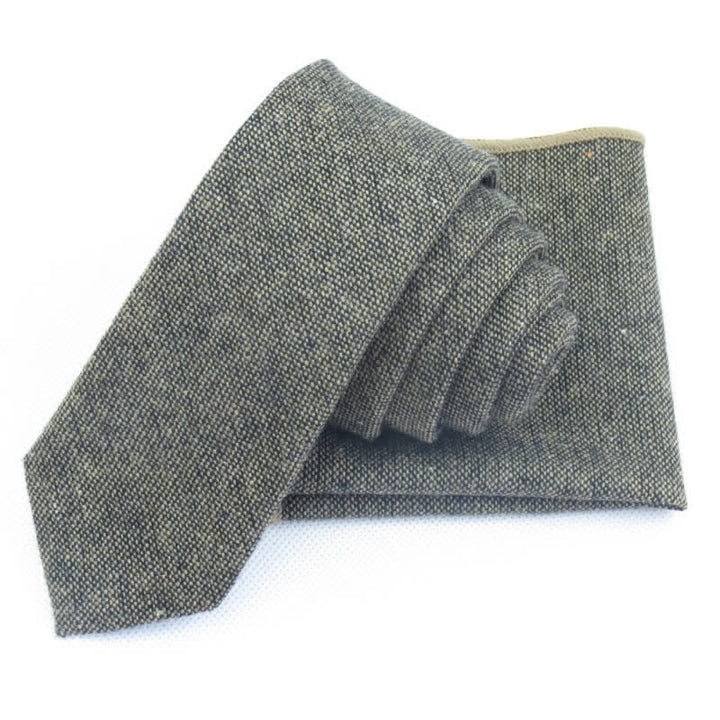 Ensemble de 3 nœuds papillon unis en imitation laine pour homme - Kaki foncé - Cravate + Mouchoir - image 1