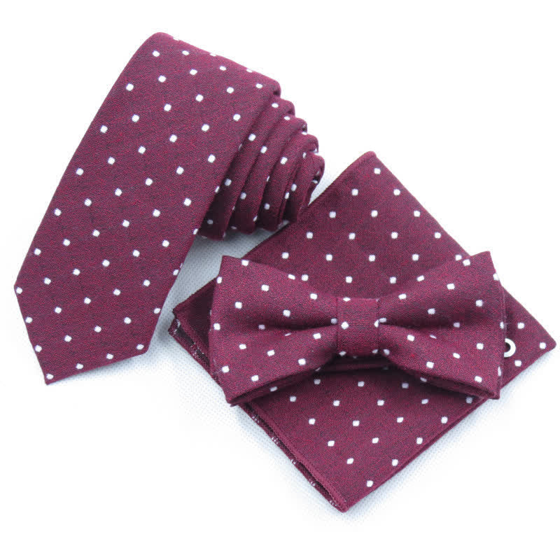 Ensemble de 3 cravates à pois élégantes pour hommes - Bourgogne - Noeud Papillon + Cravate + Mouchoir - image 1