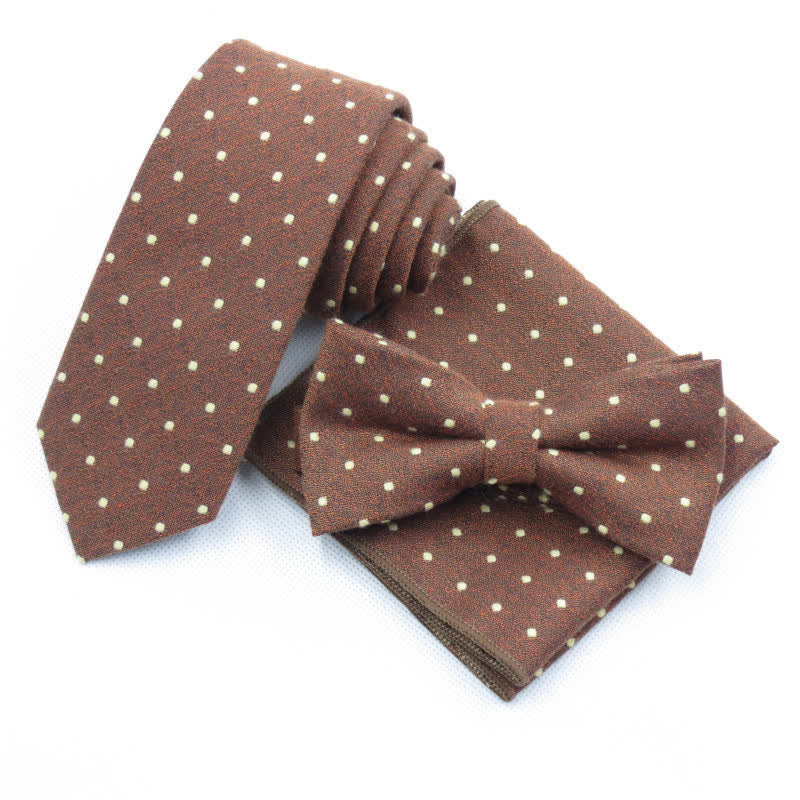 Ensemble de 3 cravates à pois élégantes pour hommes - Brun - Noeud Papillon + Cravate + Mouchoir - image 21
