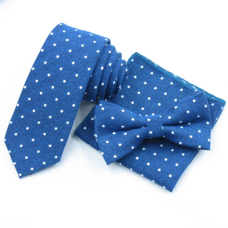 Ensemble de 3 cravates à pois élégantes pour hommes - Bleu - Noeud Papillon + Cravate + Mouchoir - image 37