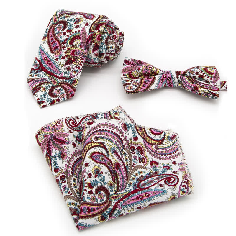Ensemble de 3 nœuds papillon en coton à motifs floraux et cachemire pour homme - Style n° 1 - Noeud Papillon + Cravate + Mouchoir - image 0