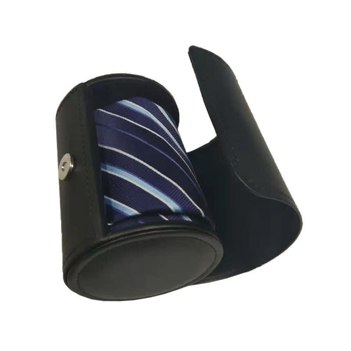 Boîte à cravate ronde noire avec boucle magnétique et étui en cuir