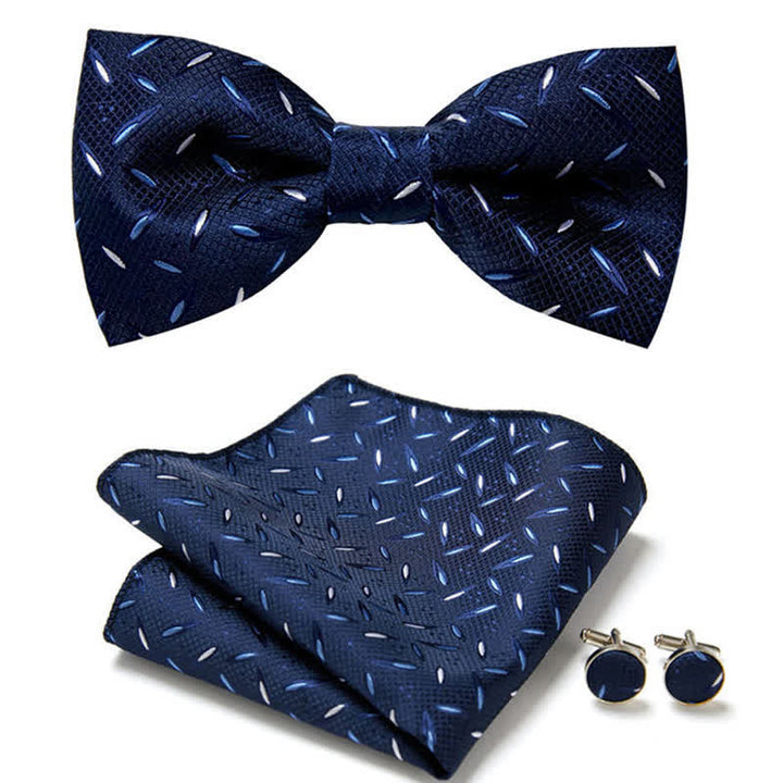 Lot de 3 boutons de manchette et noeud papillon pour homme, pochette à rayures bleu marine