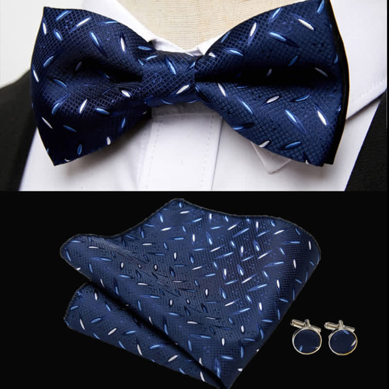 Lot de 3 boutons de manchette et noeud papillon pour homme, pochette à rayures bleu marine