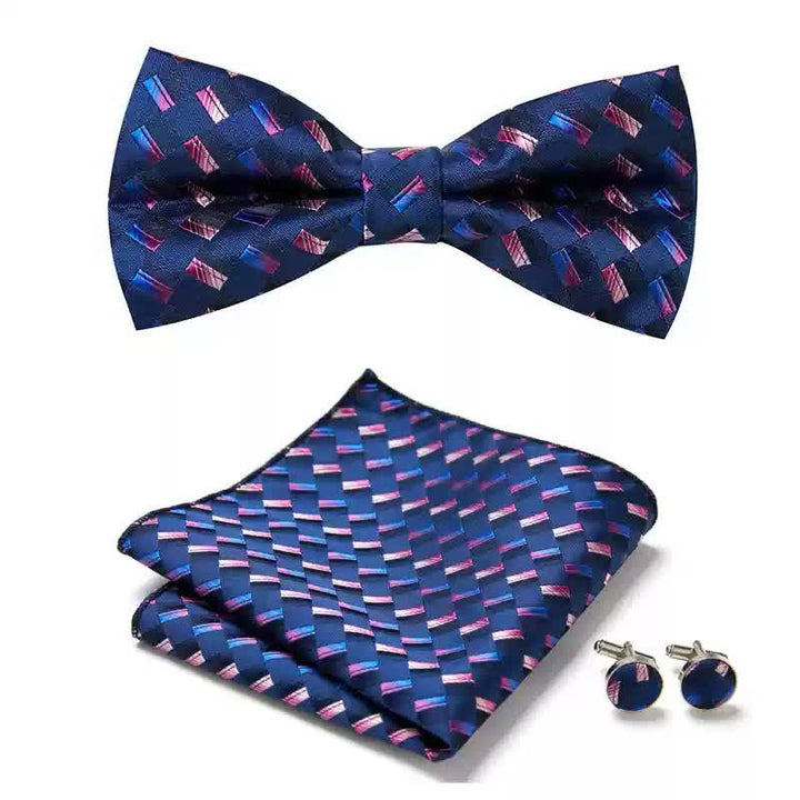 Ensemble de 3 boutons de manchette et noeud papillon pour homme avec motif tissé bleu marine