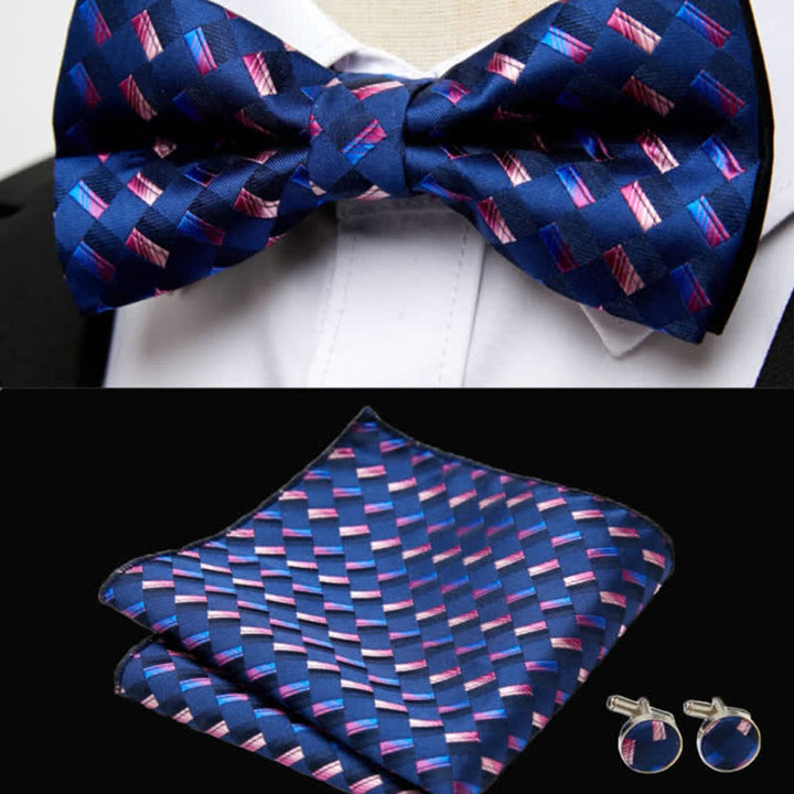Ensemble de 3 boutons de manchette et noeud papillon pour homme avec motif tissé bleu marine