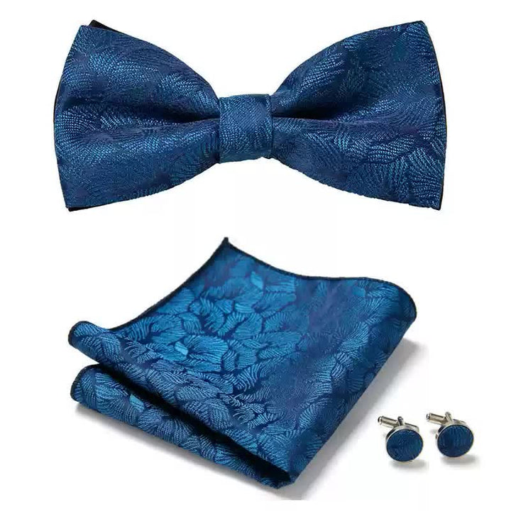 Lot de 3 boutons de manchette et nœud papillon pour homme avec pochette en feuilles de palmier bleues