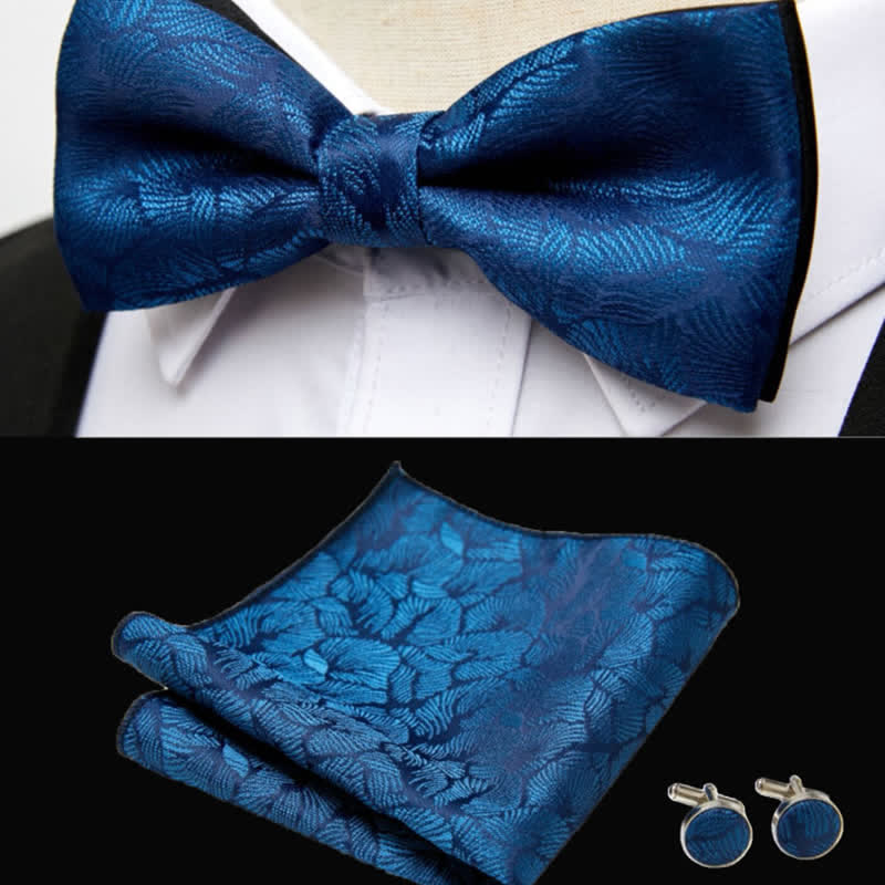 Lot de 3 boutons de manchette et nœud papillon pour homme avec pochette en feuilles de palmier bleues