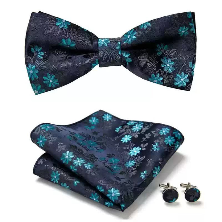 Ensemble de 3 mouchoirs de poche, boutons de manchette et nœud papillon à fleurs bleu nuit pour homme
