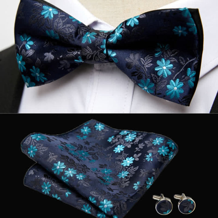 Ensemble de 3 mouchoirs de poche, boutons de manchette et nœud papillon à fleurs bleu nuit pour homme