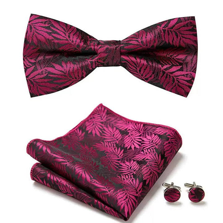 Lot de 3 mouchoirs de poche et boutons de manchette pour homme avec feuilles fuchsia