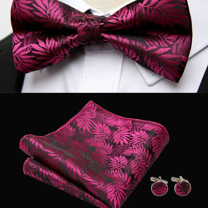 Lot de 3 mouchoirs de poche et boutons de manchette pour homme avec feuilles fuchsia