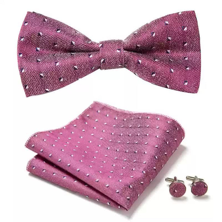 Ensemble de 3 boutons de manchette et nœud papillon pour homme avec pochette géométrique rose