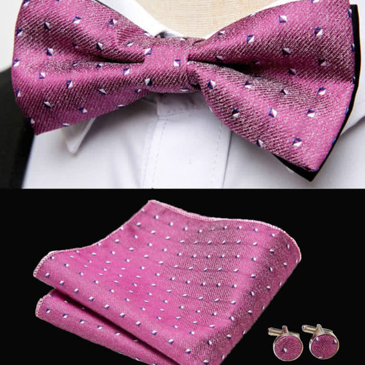 Ensemble de 3 boutons de manchette et nœud papillon pour homme avec pochette géométrique rose