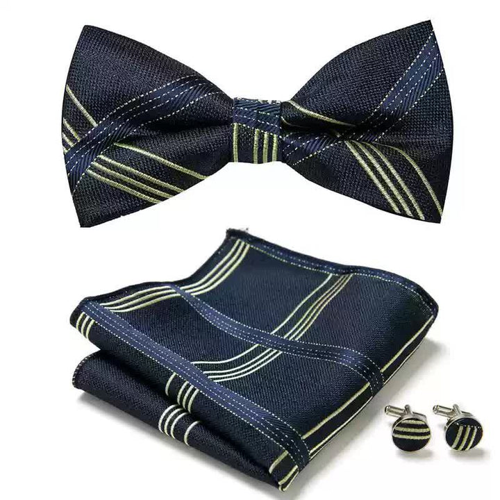 Ensemble de 3 boutons de manchette et nœud papillon pour homme à carreaux bleu nuit