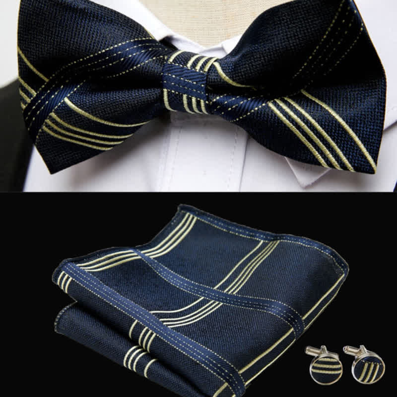 Ensemble de 3 boutons de manchette et nœud papillon pour homme à carreaux bleu nuit
