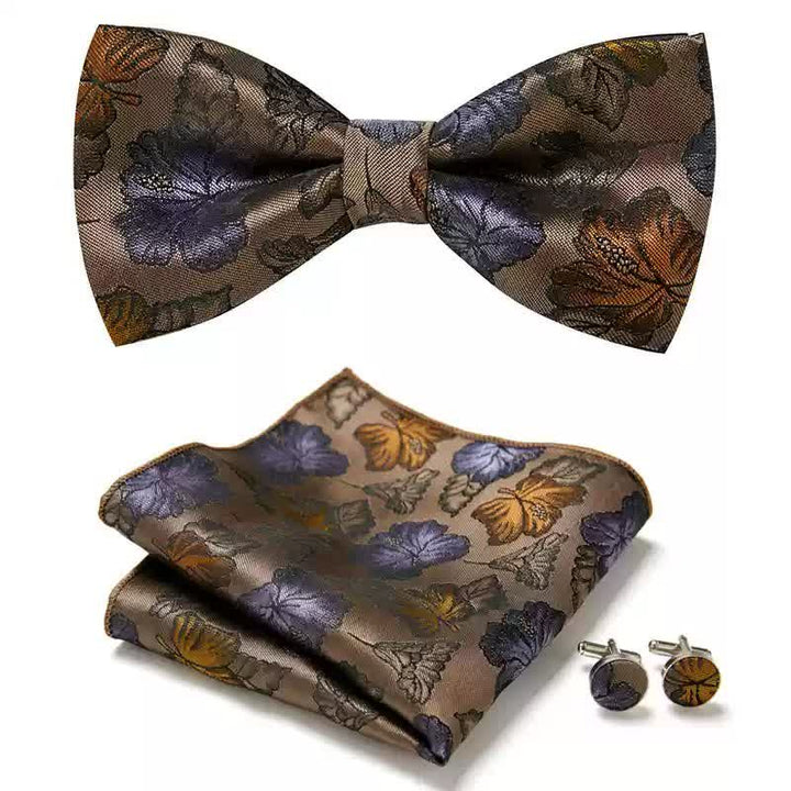 Lot de 3 mouchoirs de poche, boutons de manchette et nœud papillon pour homme avec feuilles d'érable tombantes
