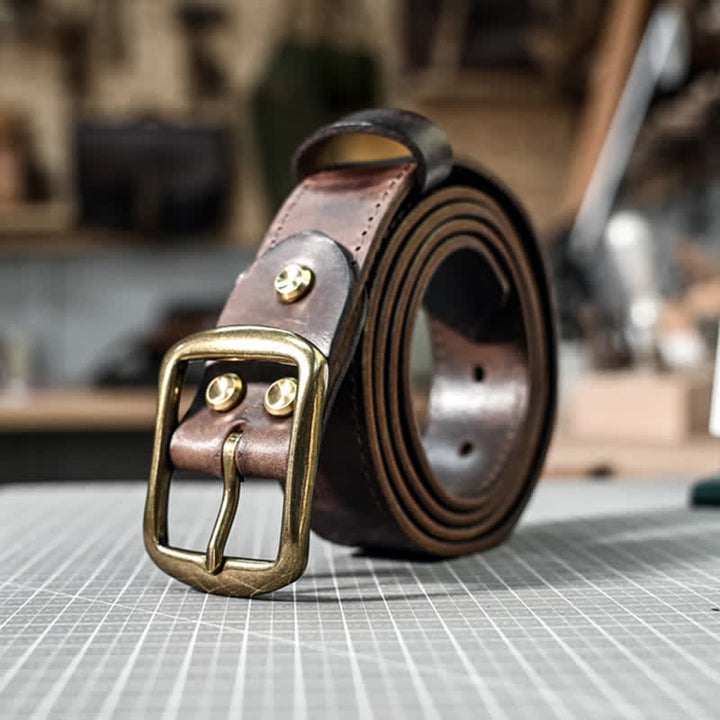 Ceinture en cuir avec boucle en laiton vieilli rétro et coutures faites à la main - image 6