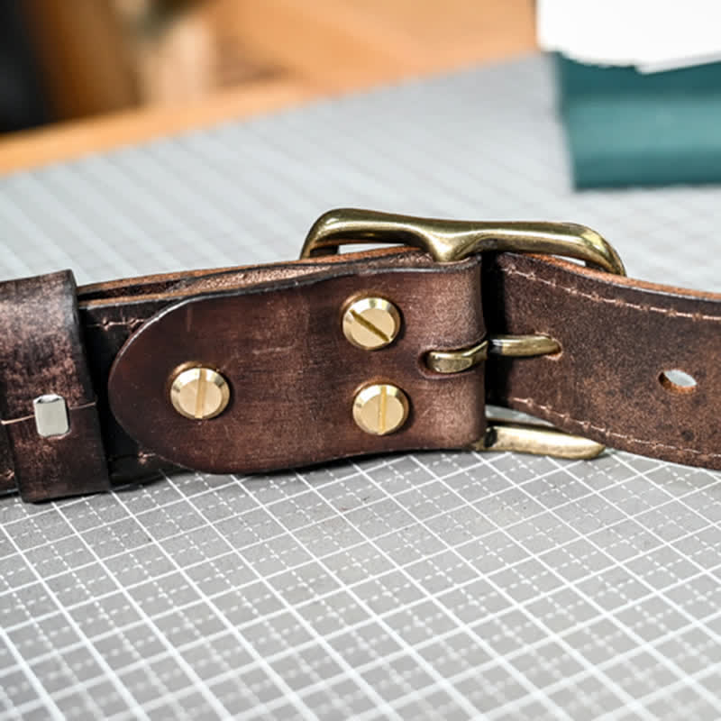 Ceinture en cuir avec boucle en laiton vieilli rétro et coutures faites à la main - image 11