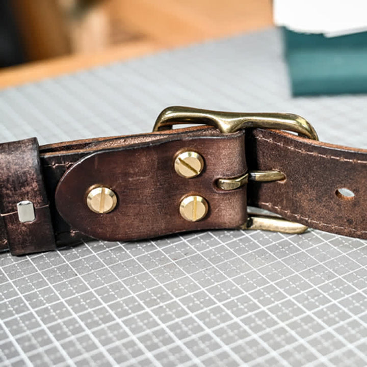 Ceinture en cuir avec boucle en laiton vieilli rétro et coutures faites à la main - image 11